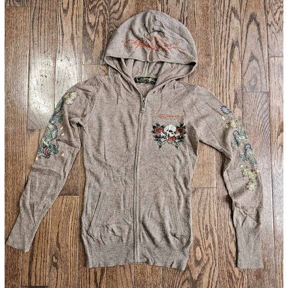 Vtg Y2K Ed Hardy Love Dies Hard Skull Dragon Roses Rhinestone XS Zip Up Hoodie